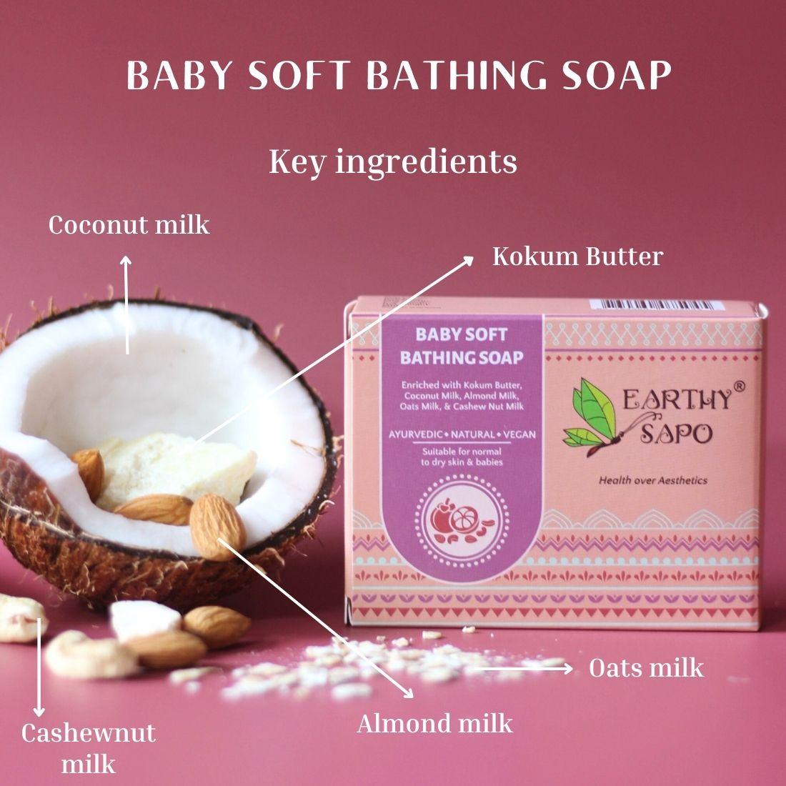 Earthy Sapo Baby Soft Bathing Soap key ingredients including coconut milk, kokum butter, almond milk, oats milk and cashew nut milk