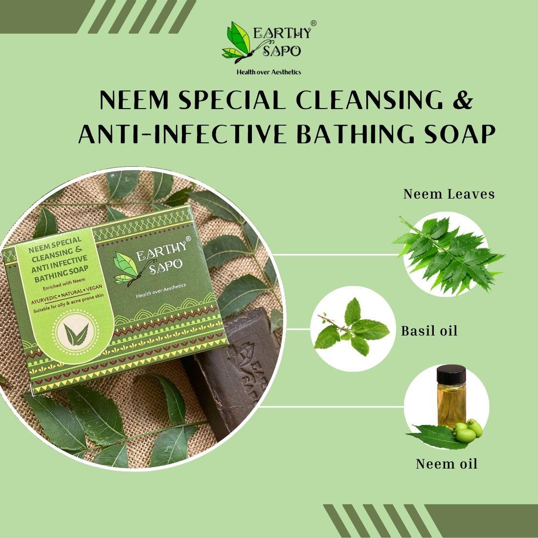 Earthy Sapo Neem Special Cleansing & Anti-infective Bathing Soap with neem leaves, neem oil and basil oil