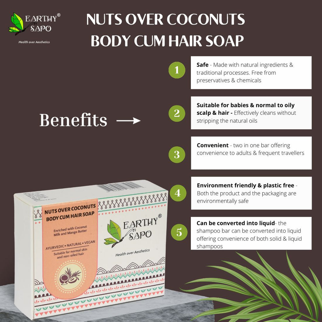 Earthy Sapo Nuts Over Coconuts Body & Hair Soap benefits, including natural cleansing, convenience and eco-friendly care.