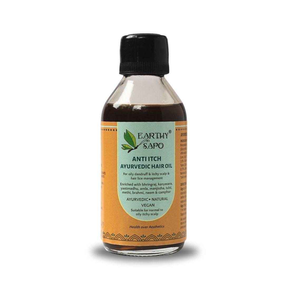 Earthy Sapo Anti-Itch Ayurvedic Hair Oil with bhringraj, amla, brahmi, neem, tulasi and cold-pressed coconut oil for itchy scalp care