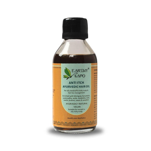 Earthy Sapo Anti-Itch Ayurvedic Hair Oil with bhringraj, amla, brahmi, neem, tulasi and cold-pressed coconut oil for itchy scalp care