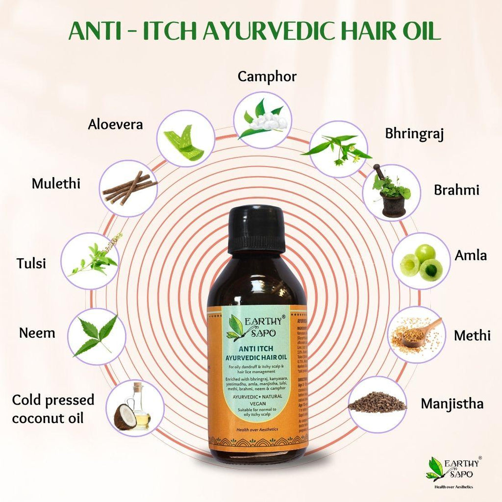 Earthy Sapo Anti-Itch Ayurvedic Hair Oil with camphor, aloe vera, bhringraj, brahmi, amla, methi, manjistha, neem, tulsi, mulethi and cold-pressed coconut oil