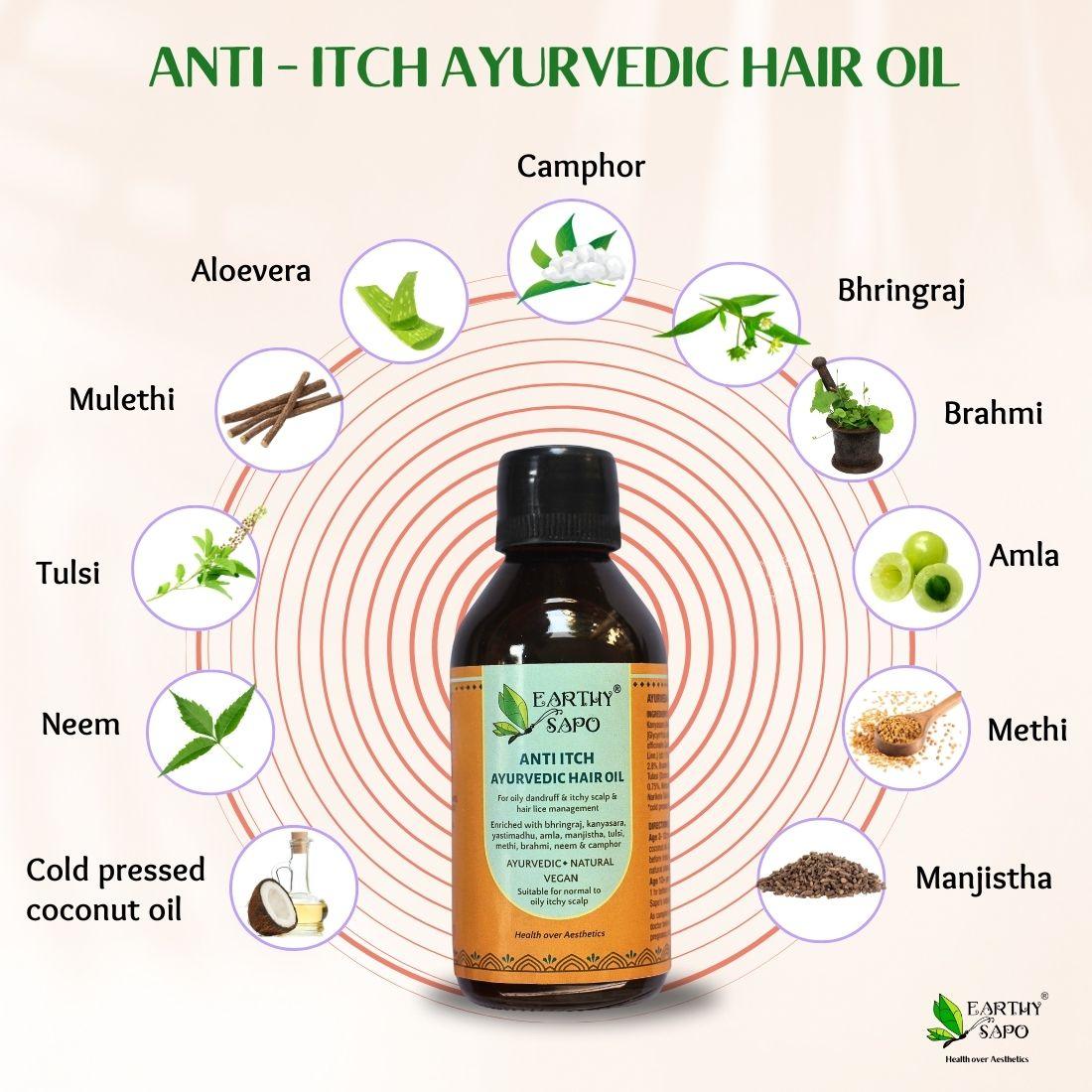 Earthy Sapo Anti-Itch Ayurvedic Hair Oil with camphor, aloe vera, bhringraj, brahmi, amla, methi, manjistha, neem, tulsi, mulethi and cold-pressed coconut oil
