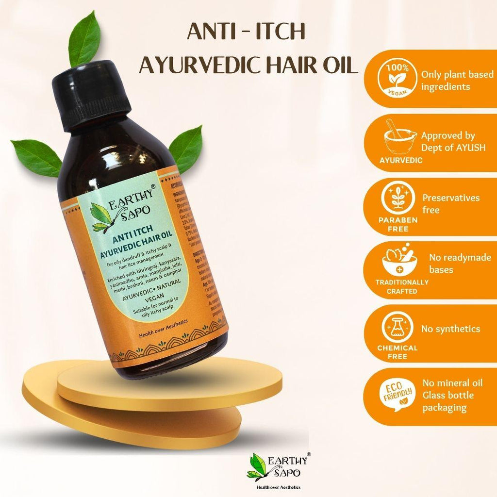 Earthy Sapo Anti-Itch Ayurvedic Hair Oil with plant-based ingredients, Ayurvedic formulation, preservative-free and chemical-free benefits