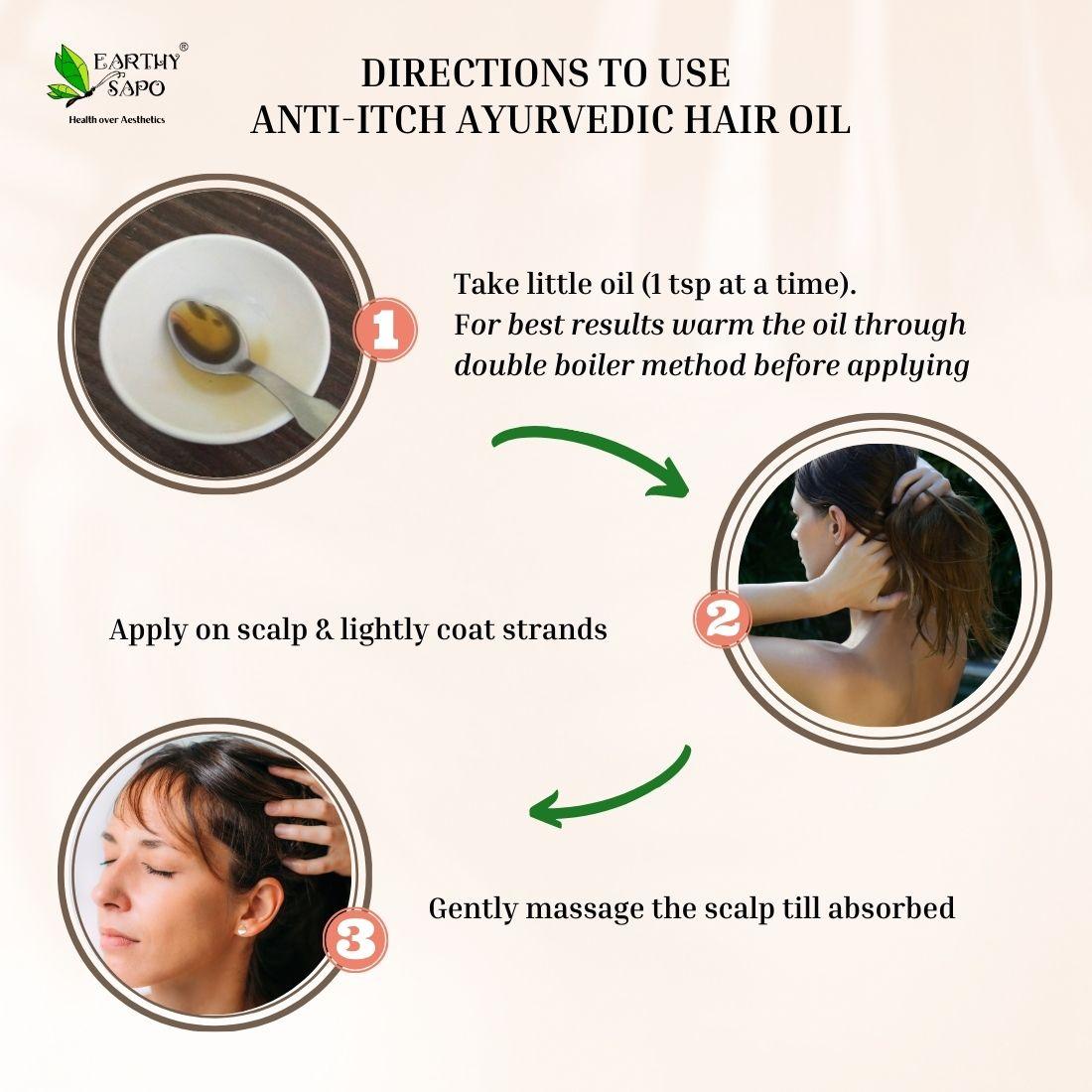 Earthy Sapo Anti-Itch Ayurvedic Hair Oil directions for use, showing steps to warm the oil, apply it to the scalp and hair strands, and gently massage the scalp