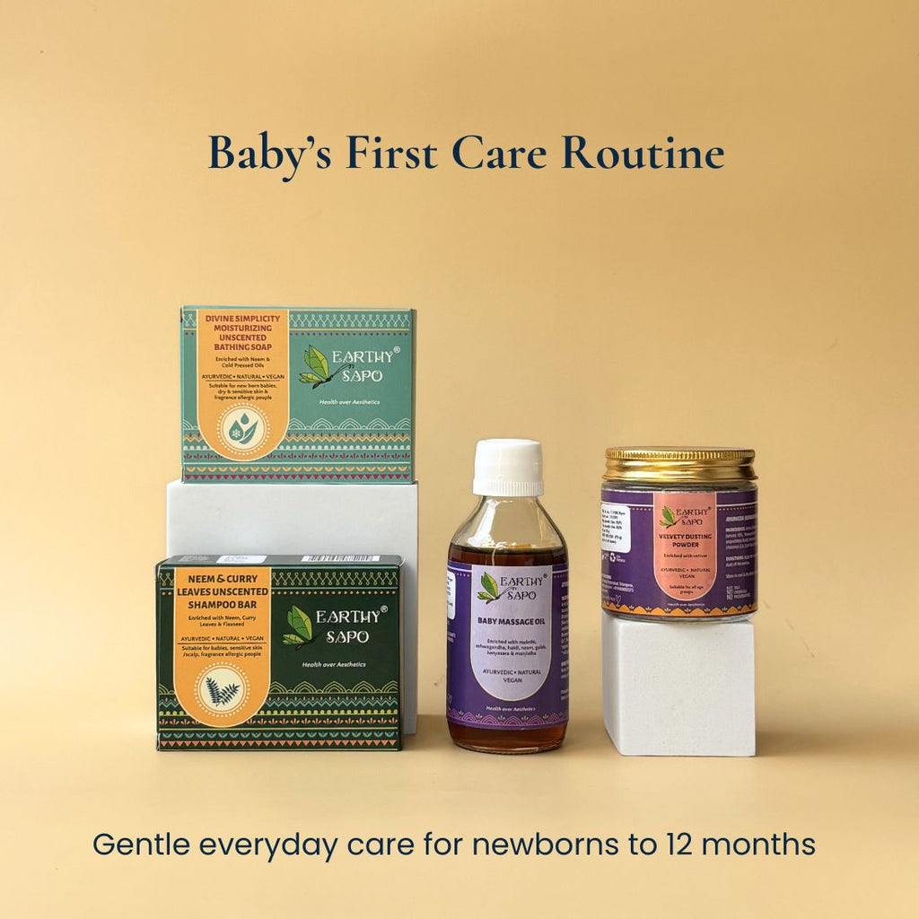 Earthy Sapo Baby’s First Care Routine with baby massage oil, bathing soap, shampoo bar and dusting powder