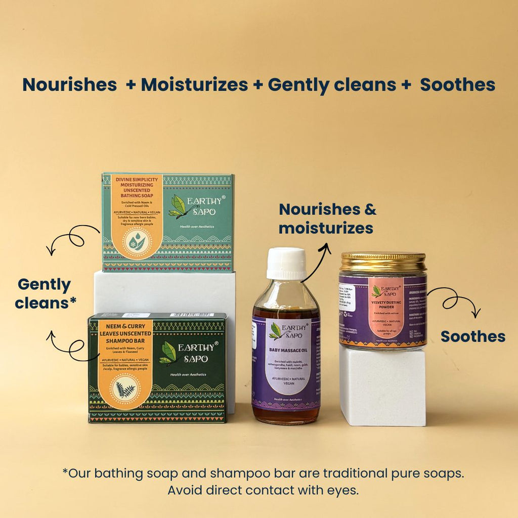 Earthy Sapo's baby skincare routine with baby massage oil, bathing soap, shampoo bar, and talc-free dusting powder.