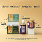 Earthy Sapo's baby skincare routine with baby massage oil, bathing soap, shampoo bar, and talc-free dusting powder.