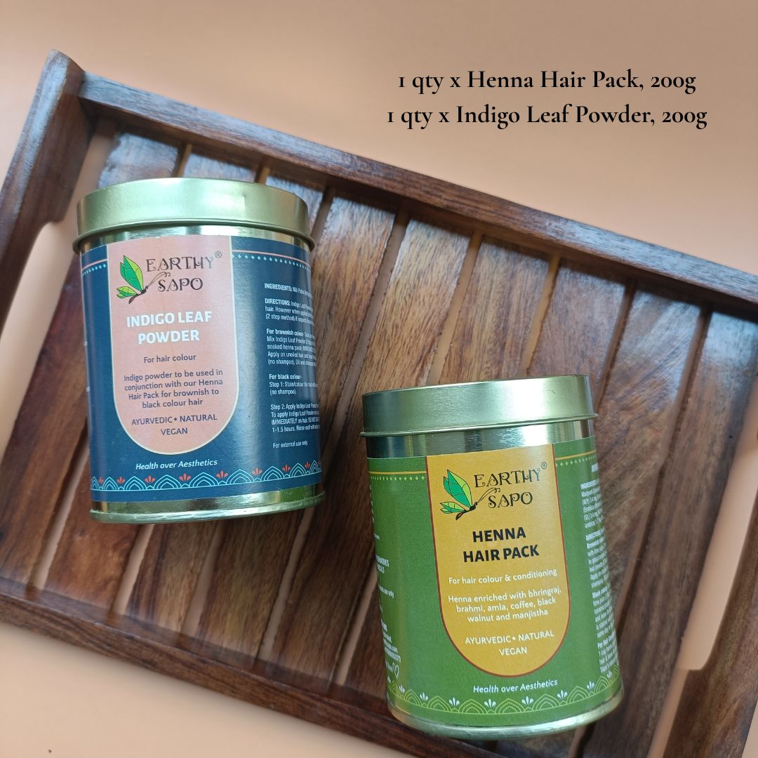 Earthy Sapo Henna Hair Pack and Indigo Leaf Powder for natural hair colouring