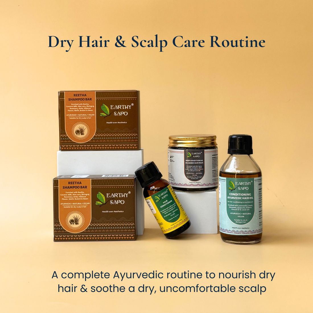 Earthy Sapo Dry Hair and Scalp Care Routine featuring Reetha Shampoo Bar, Conditioning Ayurvedic Hair Oil, Hair Conditioner and Deep Conditioning Hair Mask