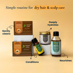 Earthy Sapo dry hair and scalp care routine featuring Reetha Shampoo Bar, Ayurvedic Hair Oil, Hair Conditioner and Deep Conditioning Hair Mask