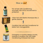 Earthy Sapo dry hair care routine showing Ayurvedic Hair Oil, Reetha Shampoo Bar, Hair Conditioner and Deep Conditioning Hair Mask with step-by-step usage instructions