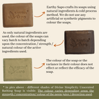 Earthy Sapo Divine Simplicity Unscented Bathing Soap showing natural colour variations from neem juice and cold-process soap making