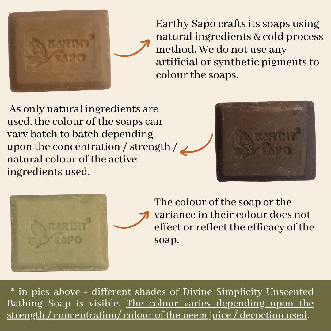 Earthy Sapo Divine Simplicity Unscented Bathing Soap showing natural colour variations from neem juice and cold-process soap making