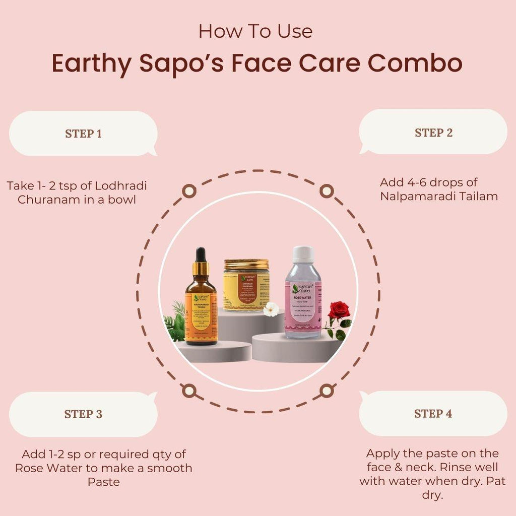 How to use Earthy Sapo Face Care Combo with Lodhradi Churnam, Rose Water and Nalpamaradi Tailam in four steps