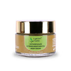 Earthy Sapo Vetiver & Aloe Intense Moisturizing Body Cream in a glass jar with a gold lid.