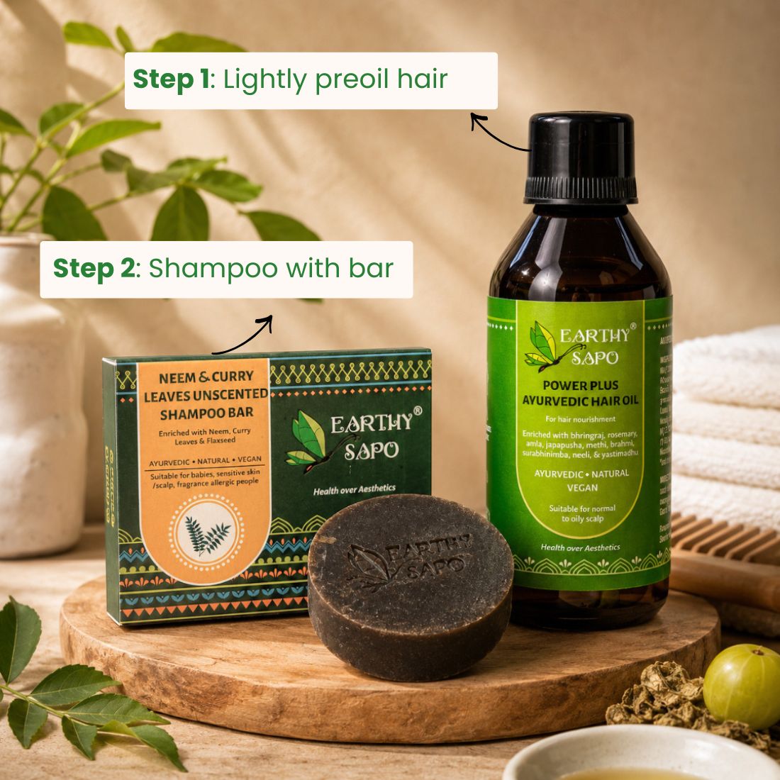 How to use Earthy Sapo Power Plus Ayurvedic Hair Oil and Neem & Curry Leaves Shampoo Bar for natural hair care.