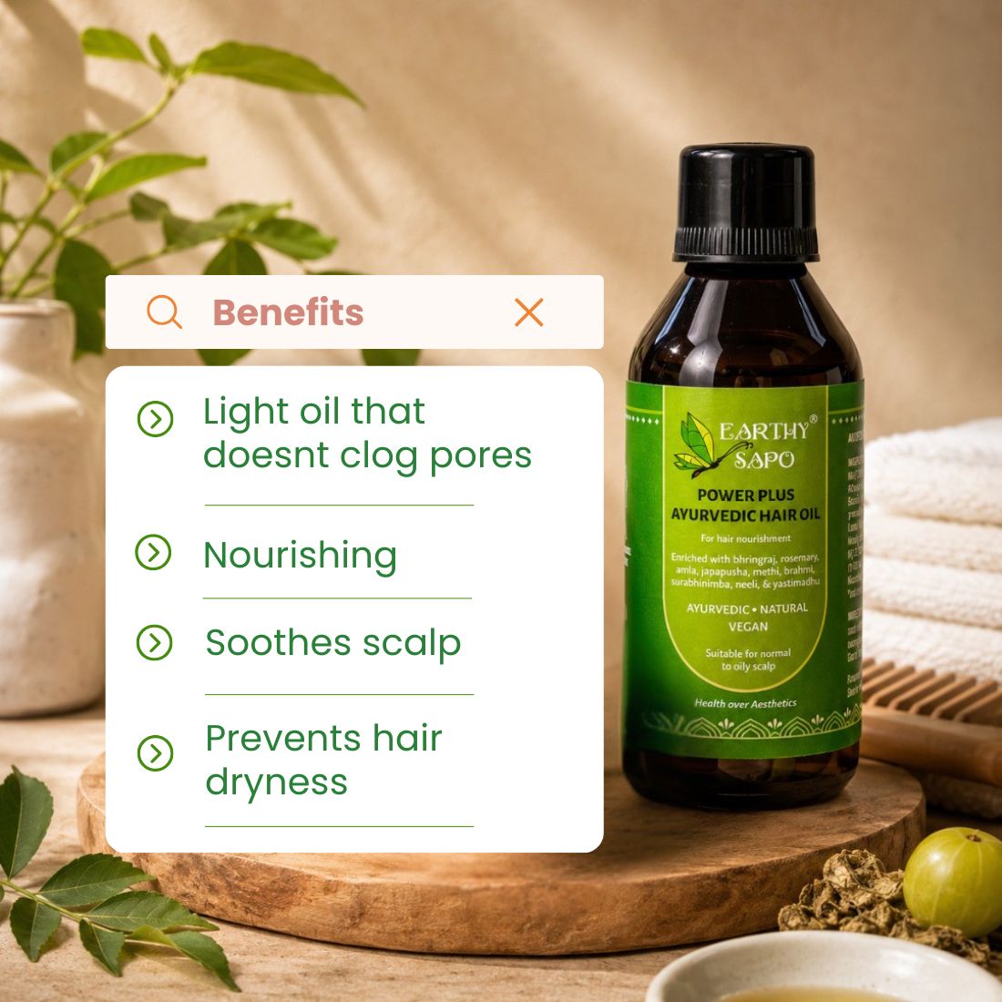 Earthy Sapo Power Plus Ayurvedic Hair Oil for scalp nourishment, soothing, and preventing hair dryness.
