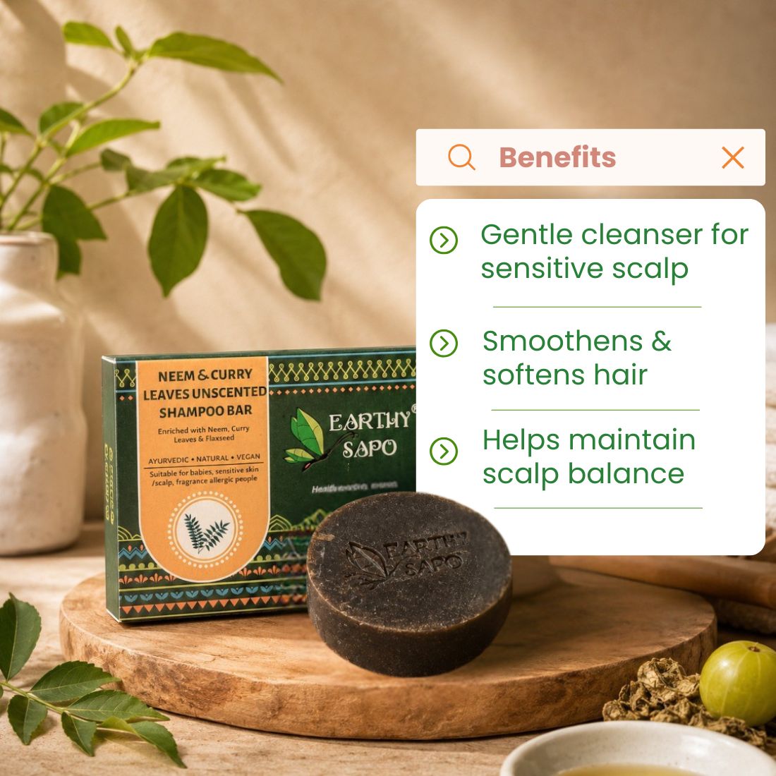 Earthy Sapo Neem & Curry Leaves Unscented Shampoo Bar for sensitive scalp, smoother hair, and scalp balance.