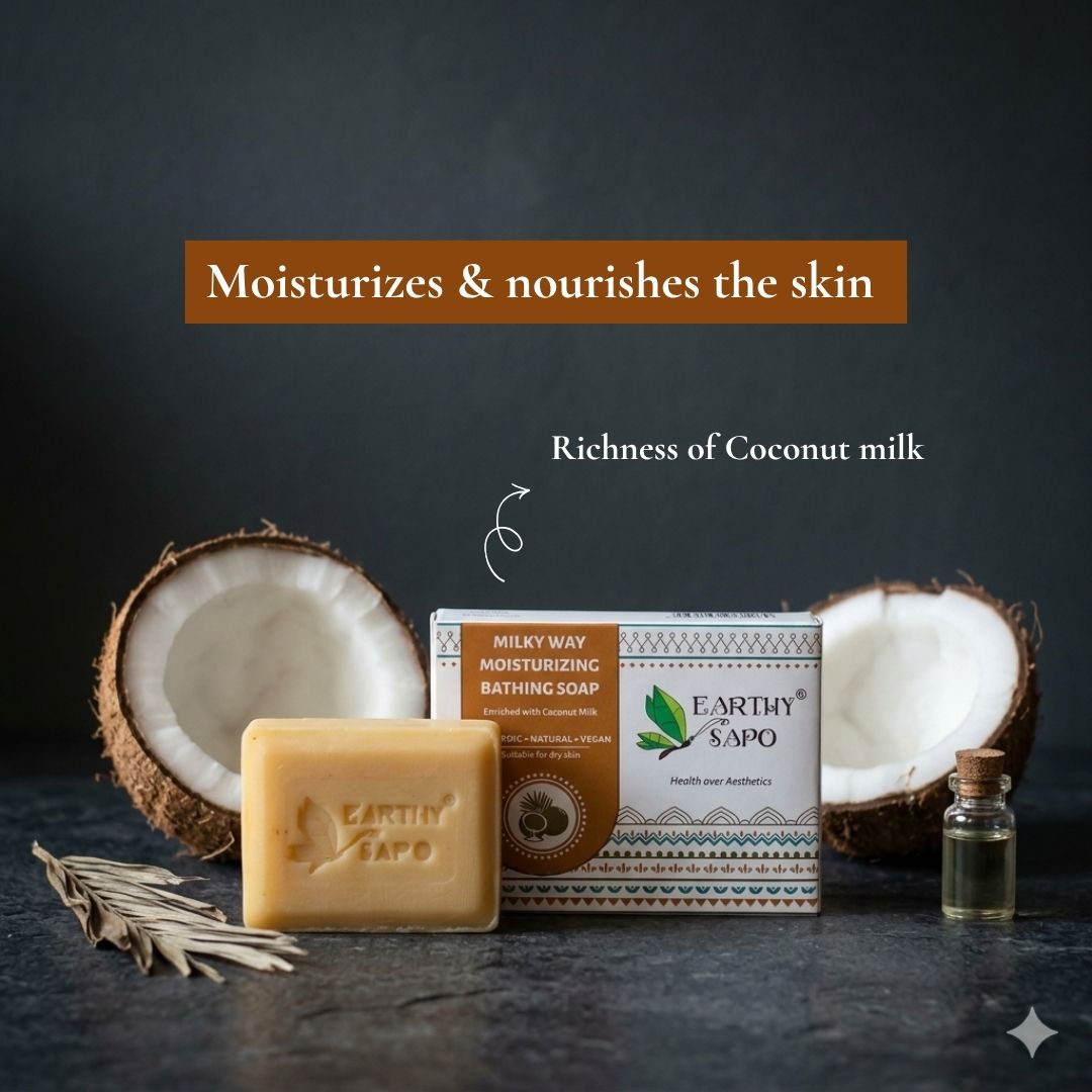Earthy Sapo Milky Way Moisturizing Bathing Soap enriched with coconut milk for normal to dry skin
