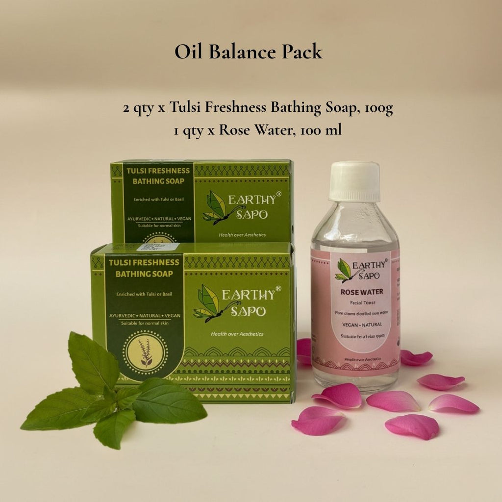 Earthy Sapo Oil Balance Pack with two Tulsi Freshness Bathing Soaps and one Rose Water Facial Toner.