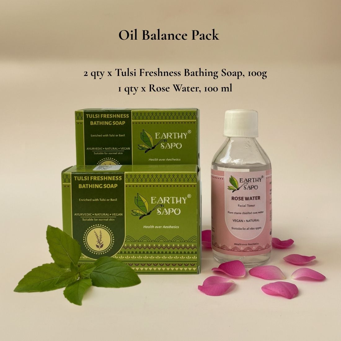 Earthy Sapo Oil Balance Pack with two Tulsi Freshness Bathing Soaps and one Rose Water Facial Toner.
