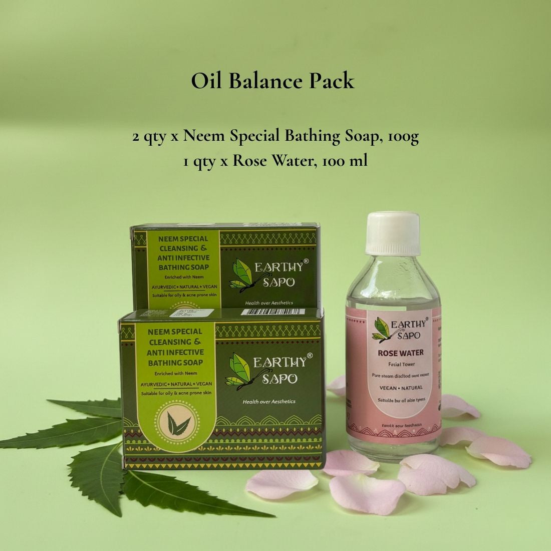 Earthy Sapo Oil Balance Pack with Neem Special Bathing Soap and Rose Water