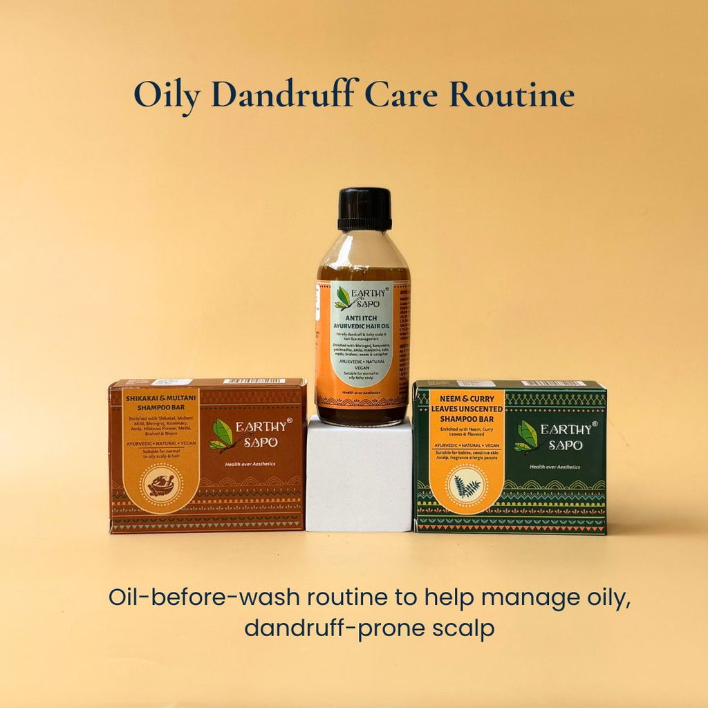 Earthy Sapo Oily Dandruff Care Routine featuring Anti-Itch Ayurvedic Hair Oil, Neem & Curry Leaves Shampoo Bar, and Shikakai & Multani Shampoo Bar.