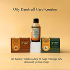 Earthy Sapo Oily Dandruff Care Routine featuring Anti-Itch Ayurvedic Hair Oil, Neem & Curry Leaves Shampoo Bar, and Shikakai & Multani Shampoo Bar.