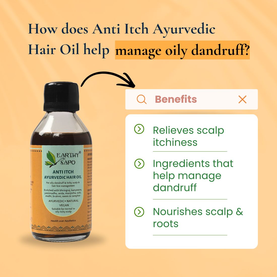 Infographic showing Earthy Sapo Anti Itch Ayurvedic Hair Oil and its role in an oily dandruff care routine.