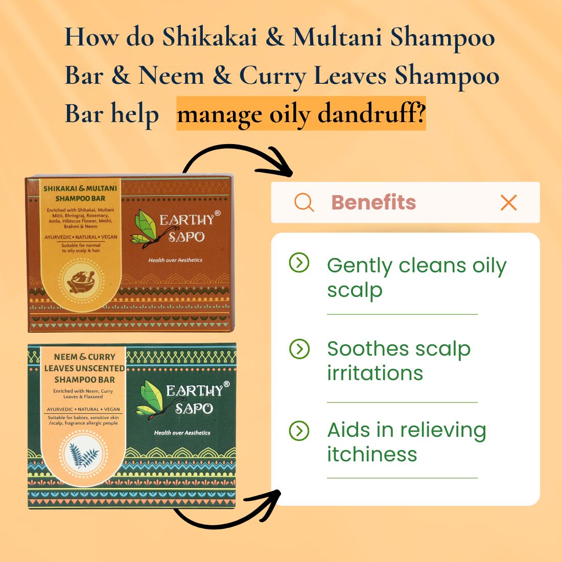 Infographic showing Earthy Sapo Shikakai & Multani Shampoo Bar and Neem & Curry Leaves Shampoo Bar with their benefits for oily scalp care.