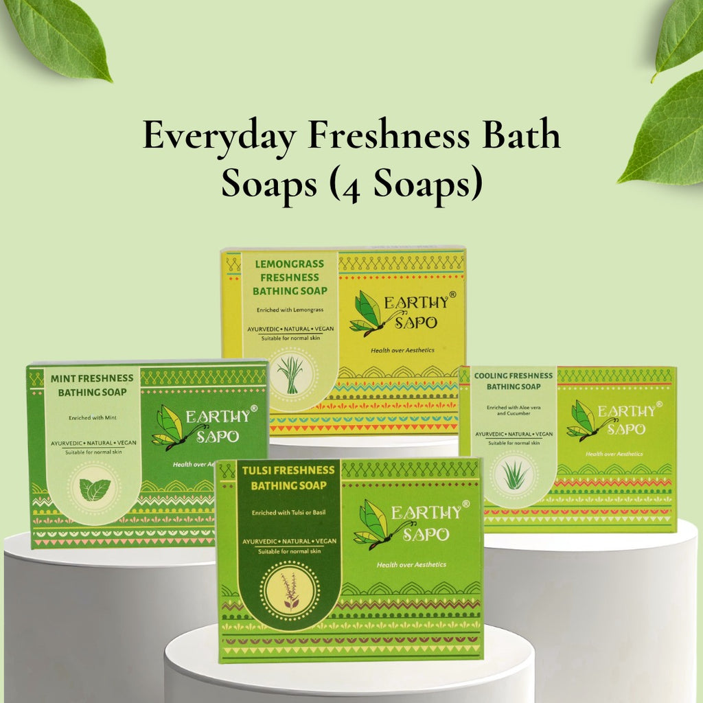Earthy Sapo natural bathing soap set with Mint, Lemongrass, Tulsi and Aloe Vera soaps for daily skin care.