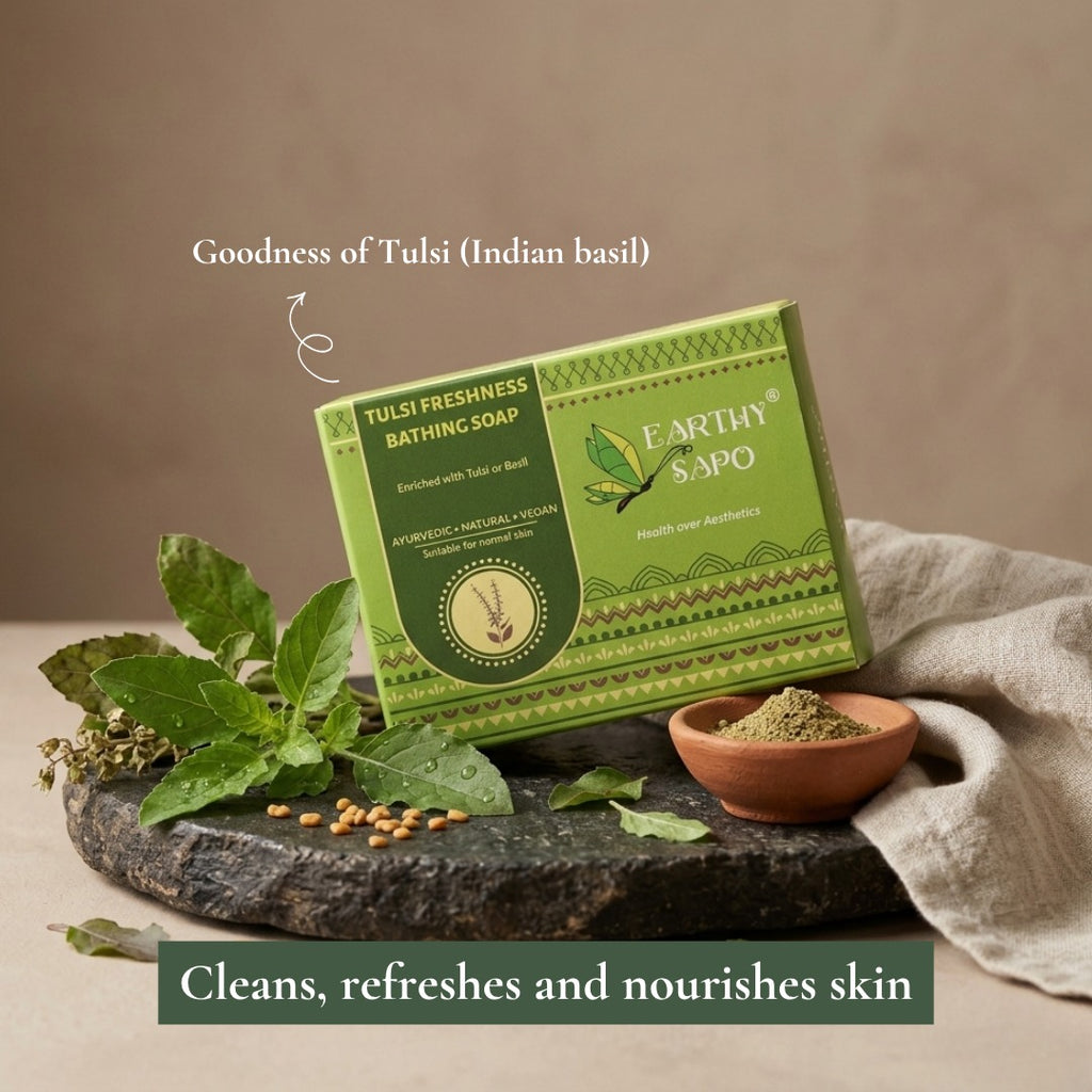 Earthy Sapo Tulsi Freshness Bathing Soap with natural Tulsi (Indian basil) for refreshed and nourished skin.