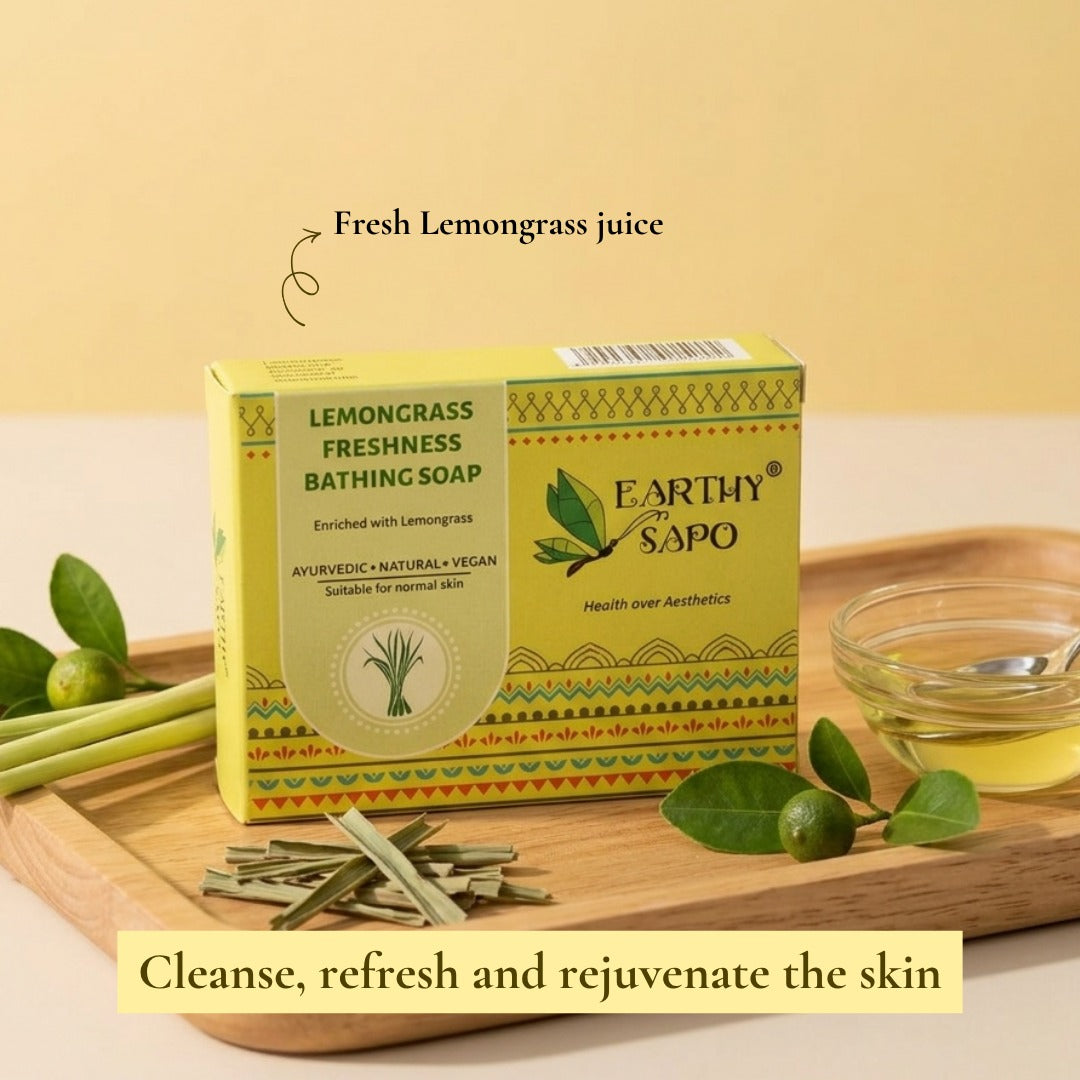 Earthy Sapo Lemongrass Freshness Bathing Soap enriched with fresh lemongrass juice for cleansing, refreshing and rejuvenating the skin.
