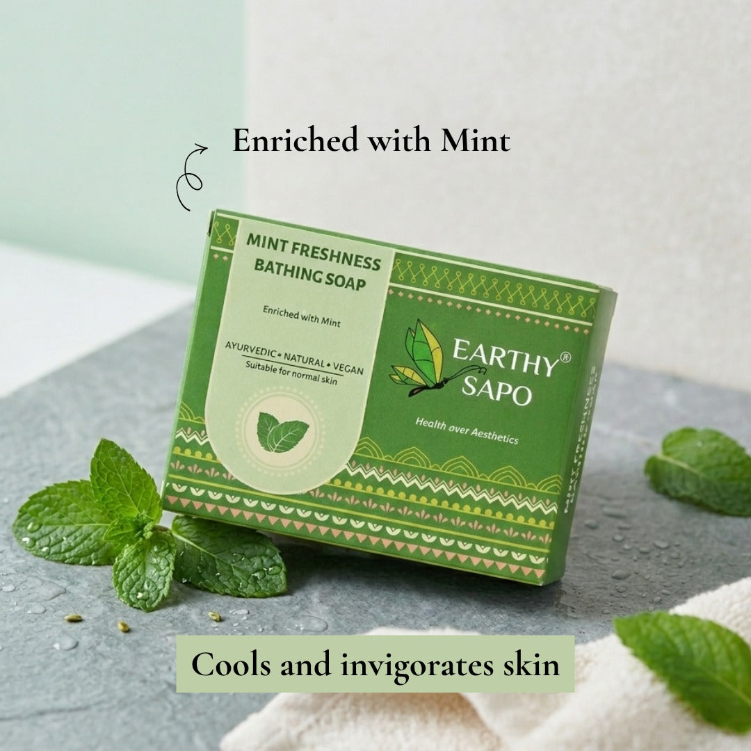 Earthy Sapo Mint Freshness Bathing Soap enriched with mint for a refreshing and gentle cleansing experience.