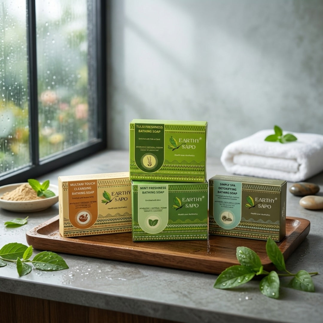 Earthy Sapo Everyday Revival handmade cold process bath soap collection with Tulsi, Mint, Multani Mitti and Simply Spa soaps.