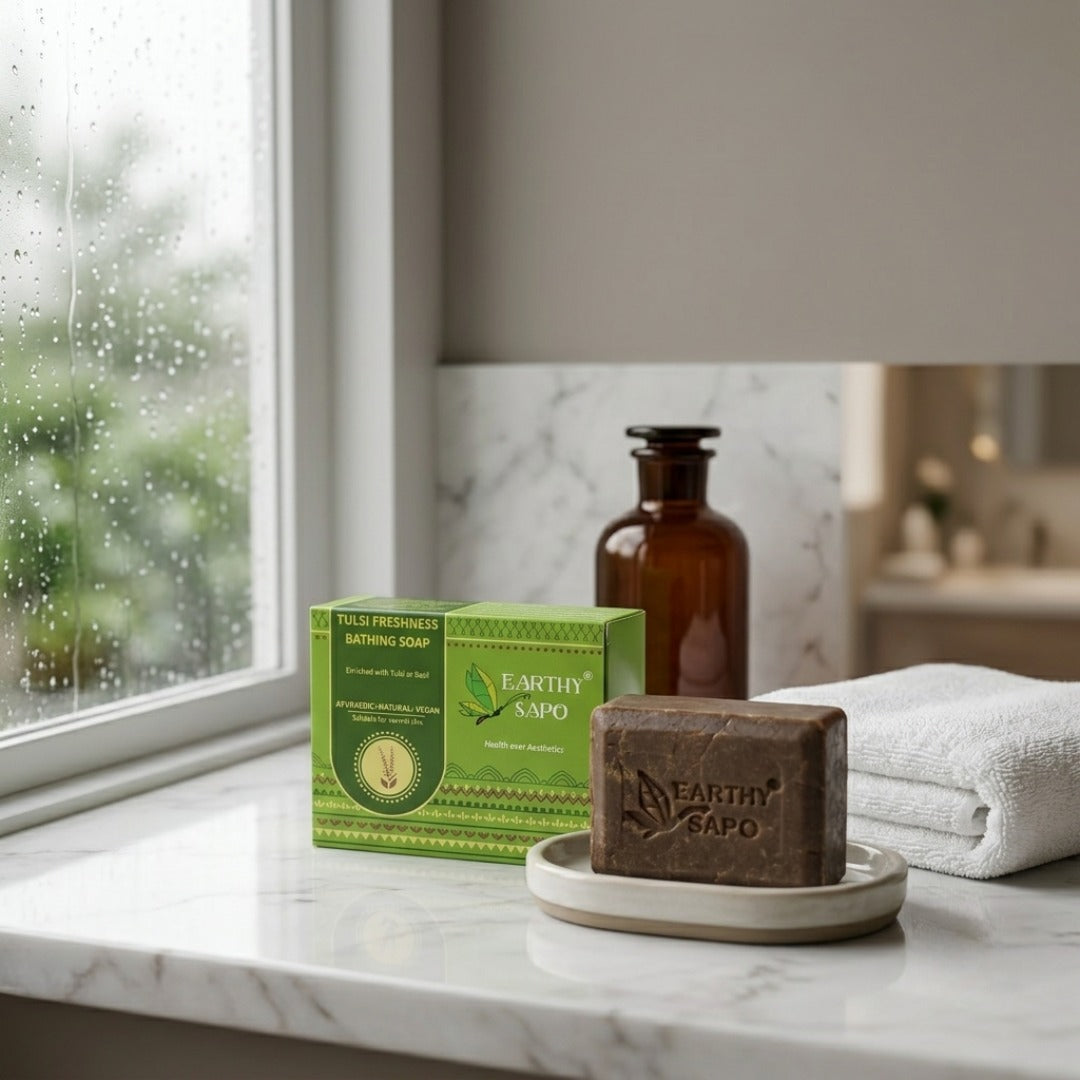 Earthy Sapo Tulsi Freshness Bathing Soap handcrafted with Tulsi for gentle everyday cleansing.