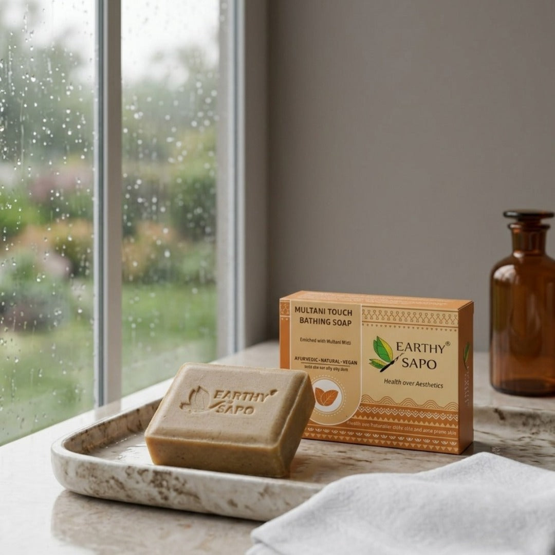 Earthy Sapo Multani Touch Bathing Soap handcrafted with Multani Mitti for gentle everyday cleansing.