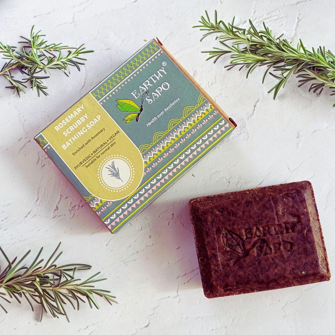 Earthy Sapo Rosemary Scrubby Bathing Soap for natural exfoliation and normal to oily skin.