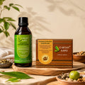 Earthy Sapo Ayurvedic hair care routine with Power Plus Hair Oil and Shikakai & Multani Shampoo Bar for oily scalp.