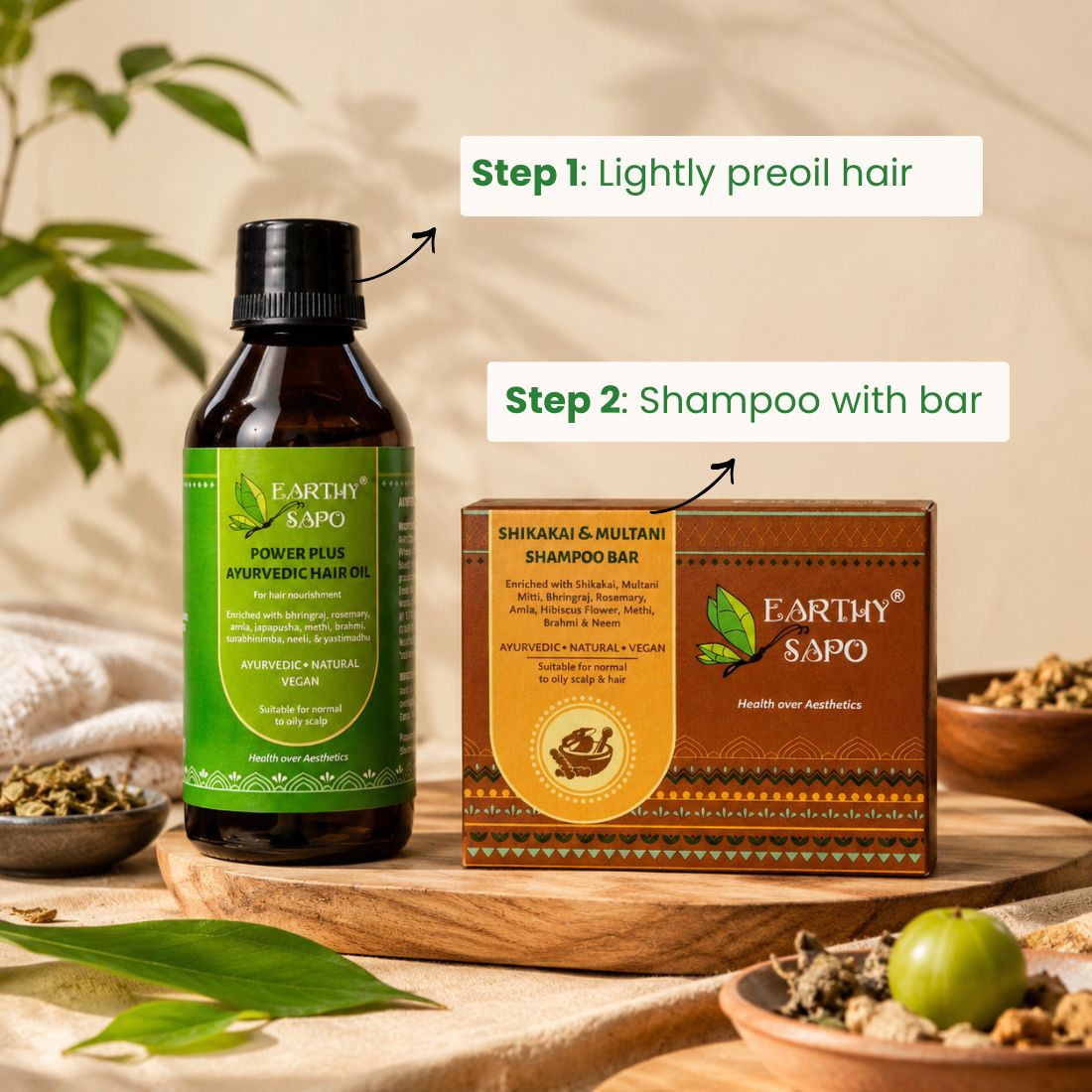 How to use Earthy Sapo Power Plus Ayurvedic Hair Oil and Shikakai & Multani Shampoo Bar for oily scalp care.