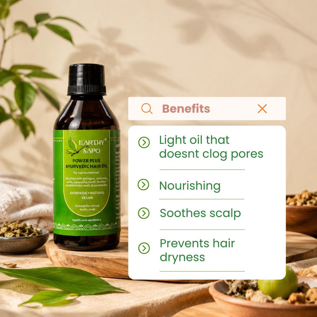 Earthy Sapo Power Plus Ayurvedic Hair Oil for scalp nourishment, soothing and preventing hair dryness.