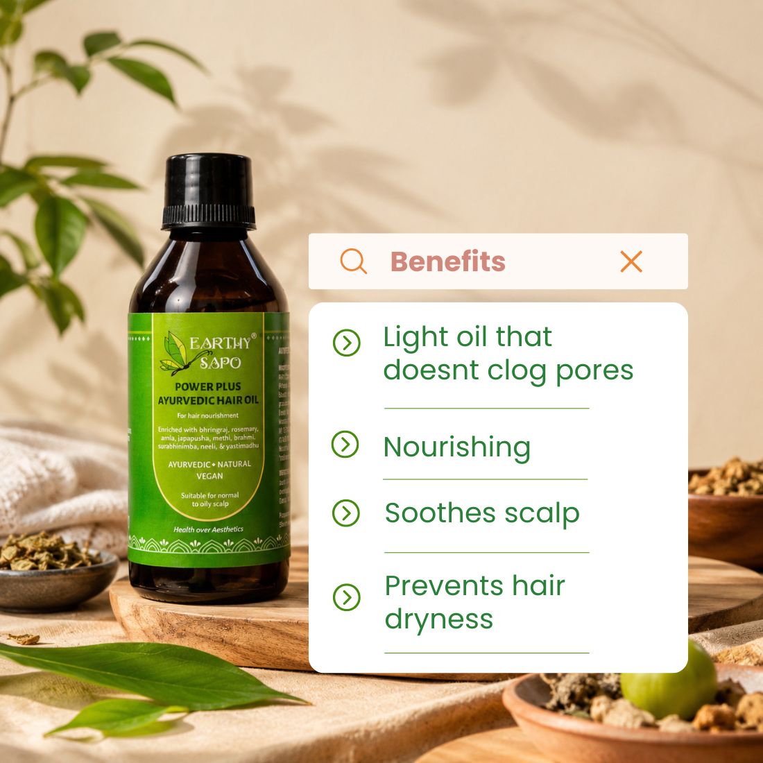 Earthy Sapo Power Plus Ayurvedic Hair Oil for scalp nourishment, soothing and preventing hair dryness.