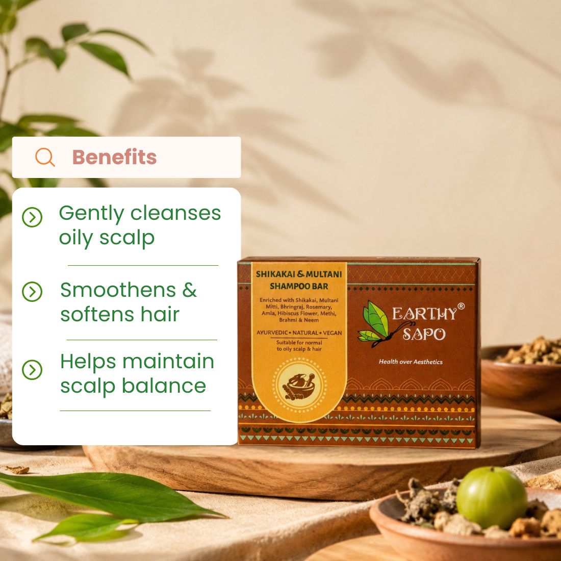 Earthy Sapo Shikakai & Multani Shampoo Bar for oily scalp, gentle cleansing, smoother hair and scalp balance.