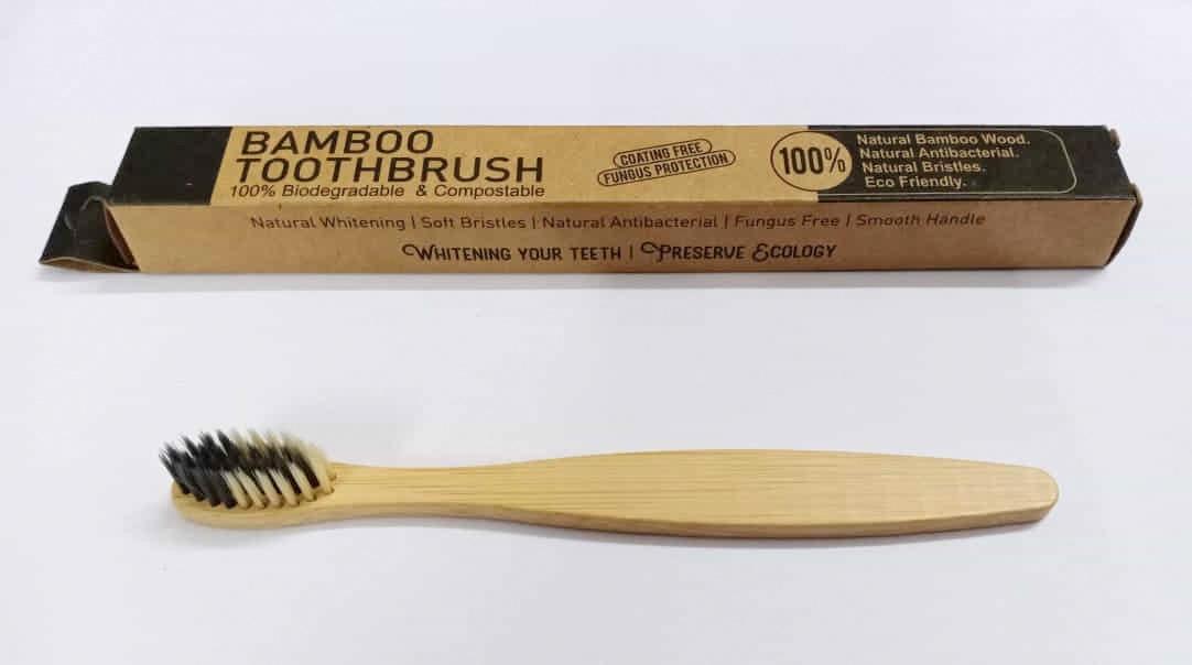 Earthy Sapo Bamboo Toothbrush for Kids with natural bamboo handle, soft BPA-free bristles and biodegradable packaging