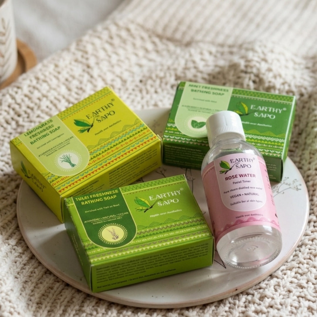 Earthy Sapo Summer Care Set featuring Mint, Tulsi and Lemongrass bathing soaps with pure steam-distilled rose water.