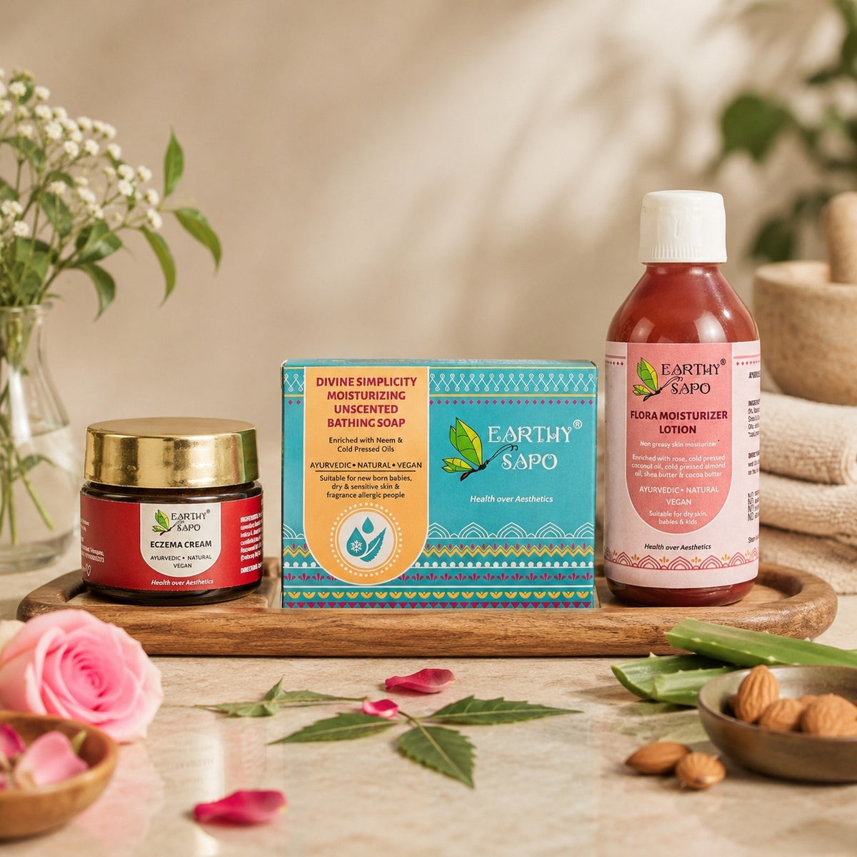 Earthy Sapo Eczema Care Combo featuring Divine Simplicity Unscented Moisturizing Bathing Soap, Eczema Cream and Flora Moisturizer Lotion