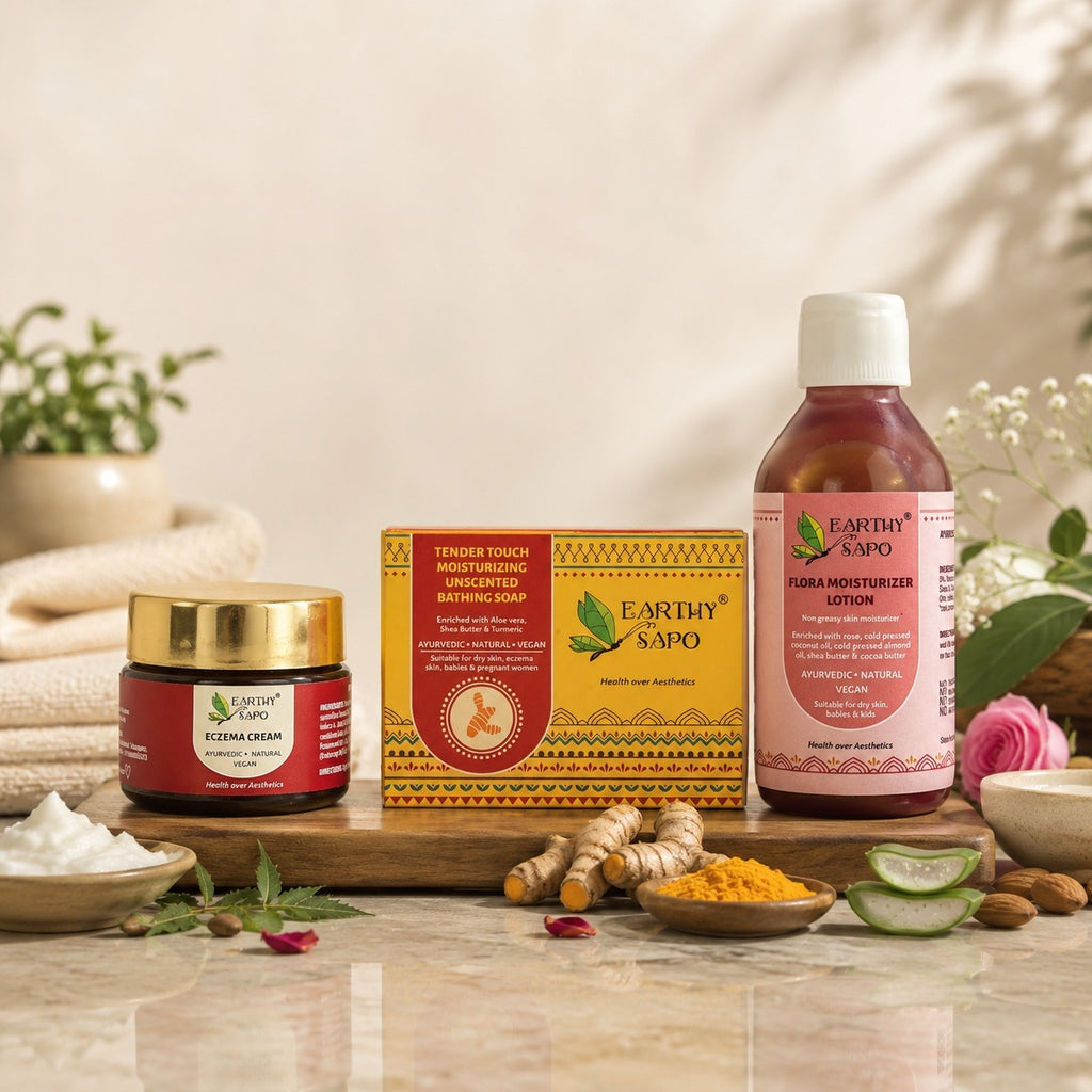 Earthy Sapo Eczema Care Combo with Tender Touch Bathing Soap, Eczema Cream and Flora Moisturizer Lotion for dry and sensitive skin