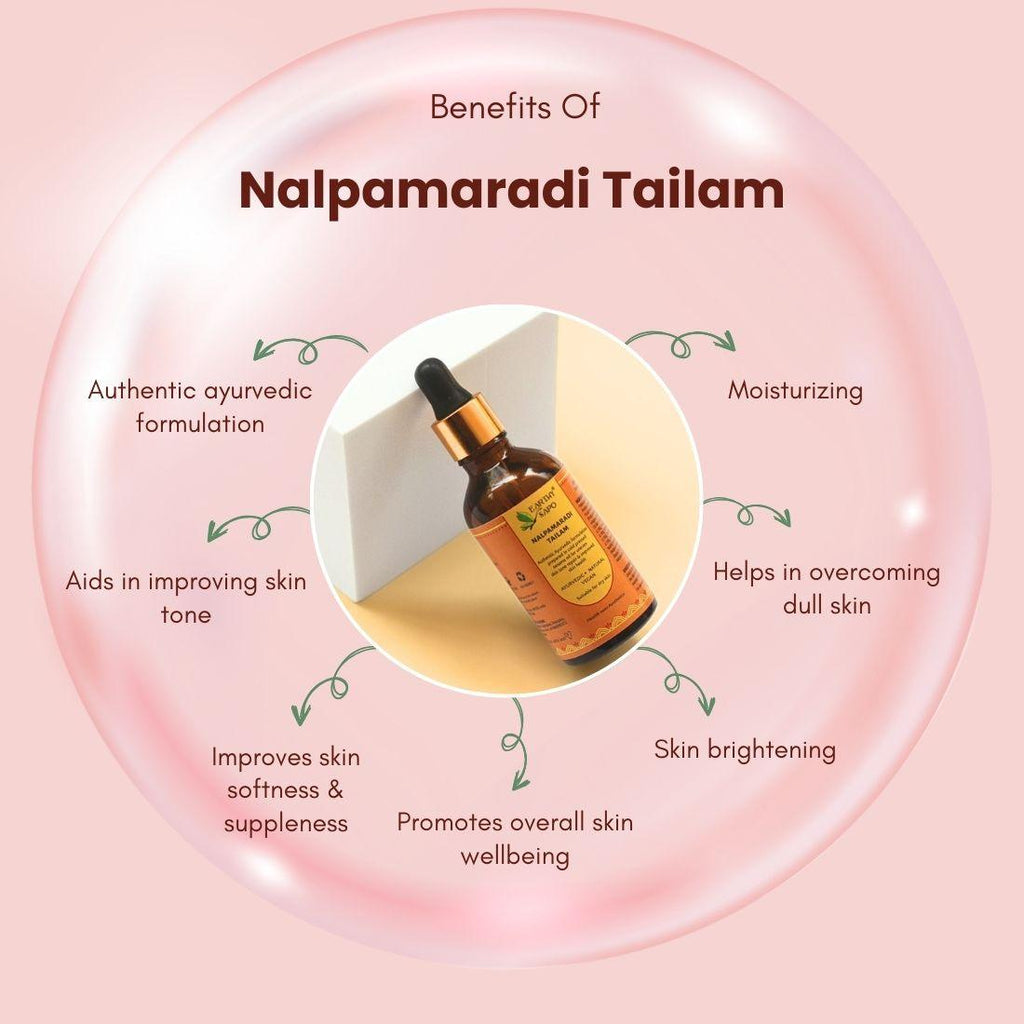 Earthy Sapo Nalpamaradi Tailam Ayurvedic oil for moisturizing, skin brightening, improving skin tone and supporting overall skin wellbeing